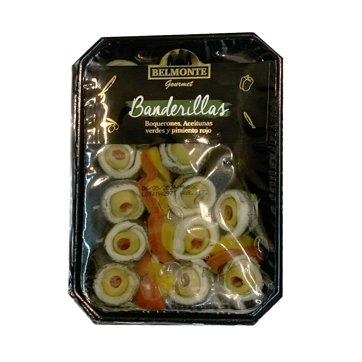 Banderillas de boquerones, aceitunas verdes y pimiento rojo